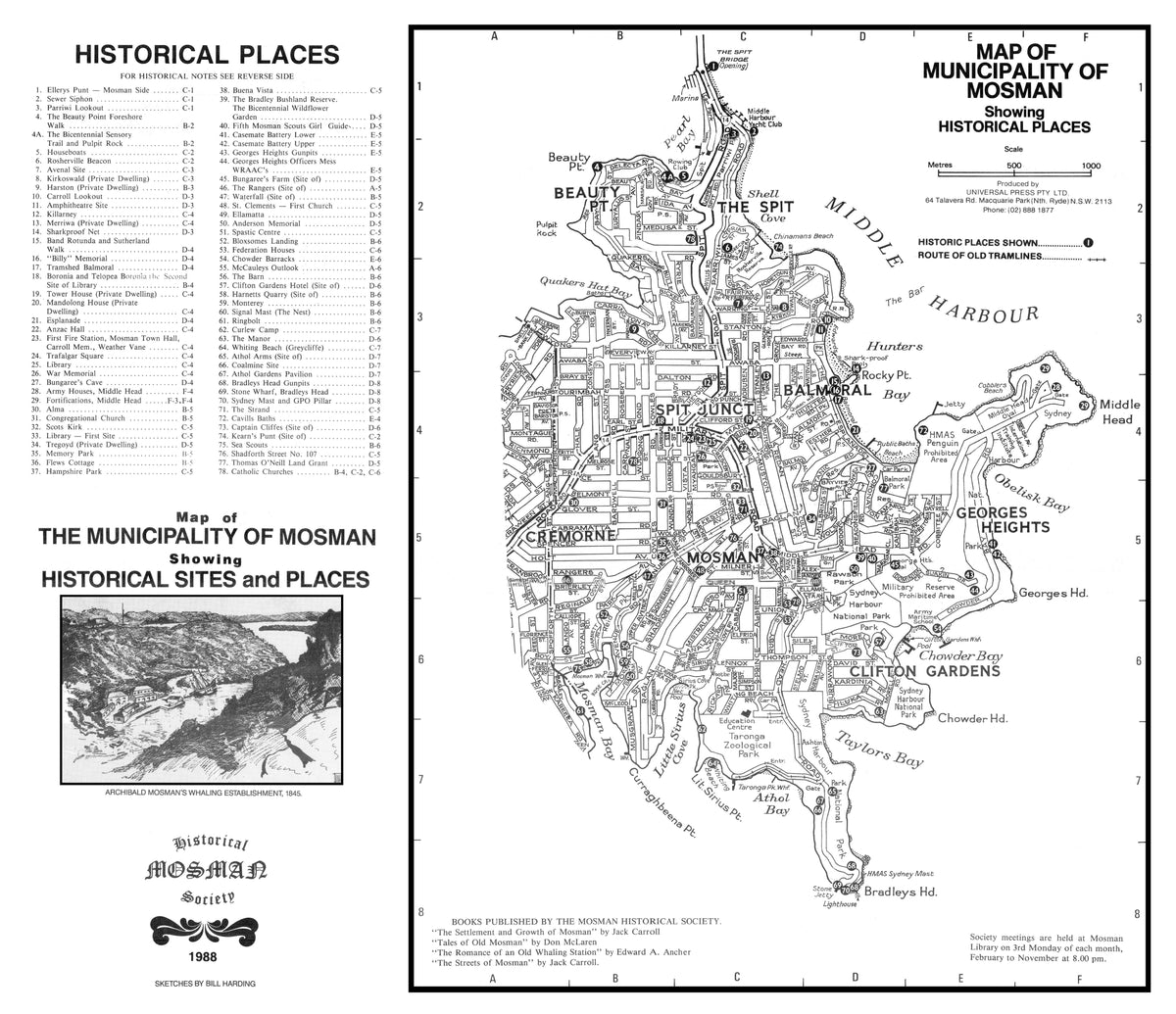 A black and white vintage map of the Municipality of Mosman, featuring a large central map, a list of historical places on the left, and a small inset illustration at the bottom left.