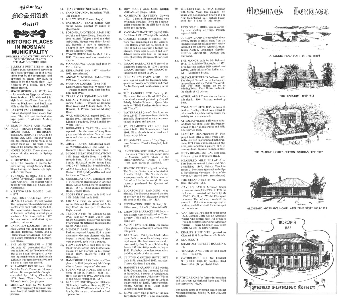 A vintage printed informational leaflet page in black ink on aged off-white paper, featuring columns of text and several illustrated architectural drawings with captions such as 'Historic Places in Mosman Municipality.
